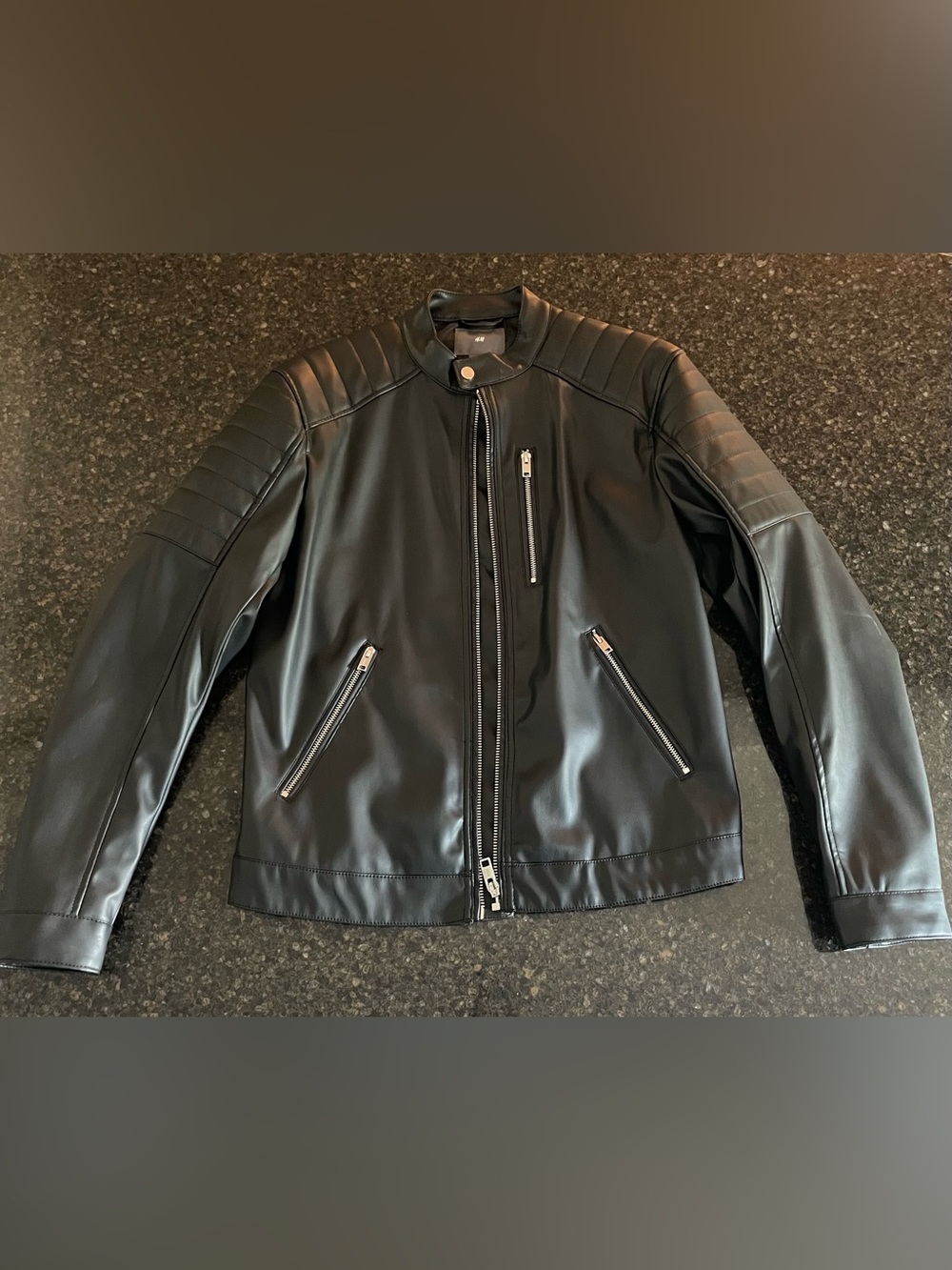 H&M men’s faux leather jacket, medium, black, like new. Worn once.